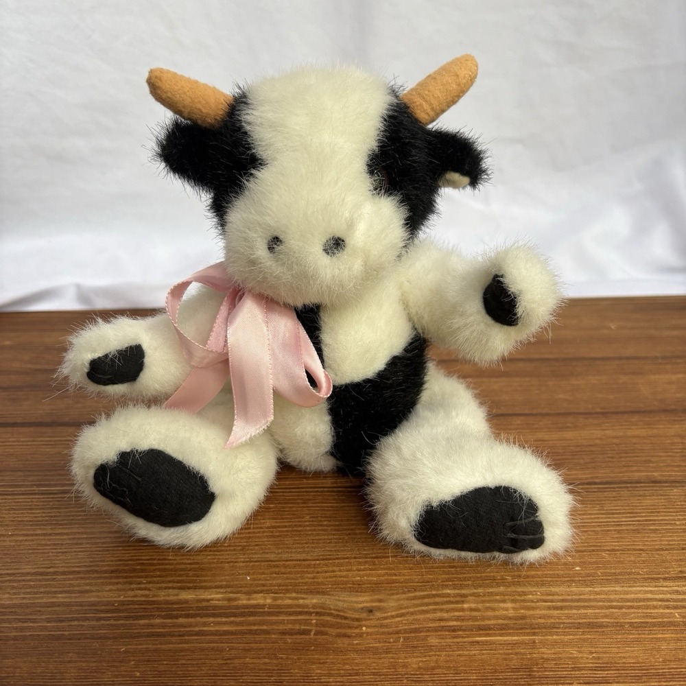 Vintage 1993 Mary Meyer Bean Bag Cow‎ Plush Black White Pink Ribbon Stuffed